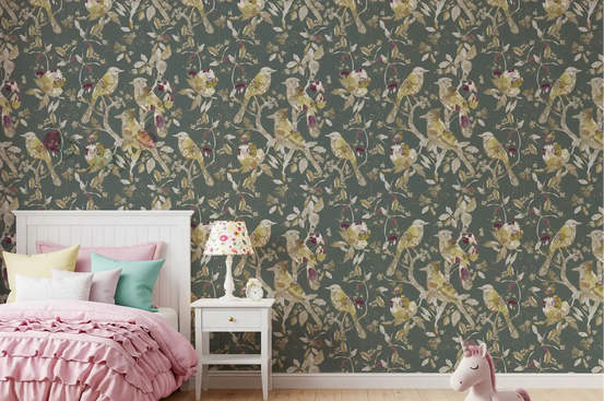 Girls room finished with green botanical bird wallpaper and pale blossoms