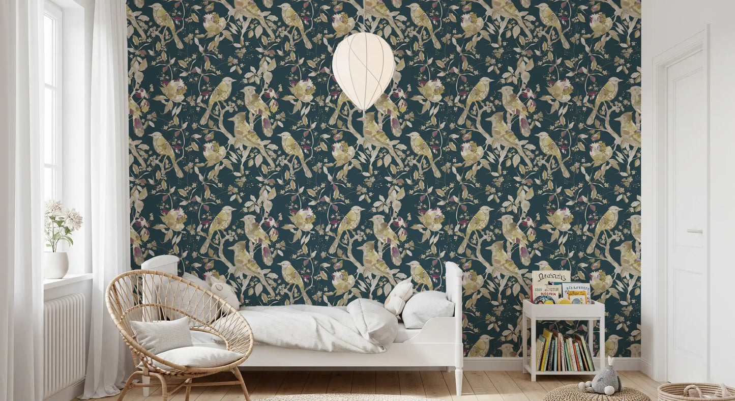 Bedroom showing teal bird wallpaper with cream flowers on dark teal