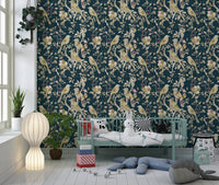 Nursery lined with Midnight Teal Wallpaper and delicate blossom trails