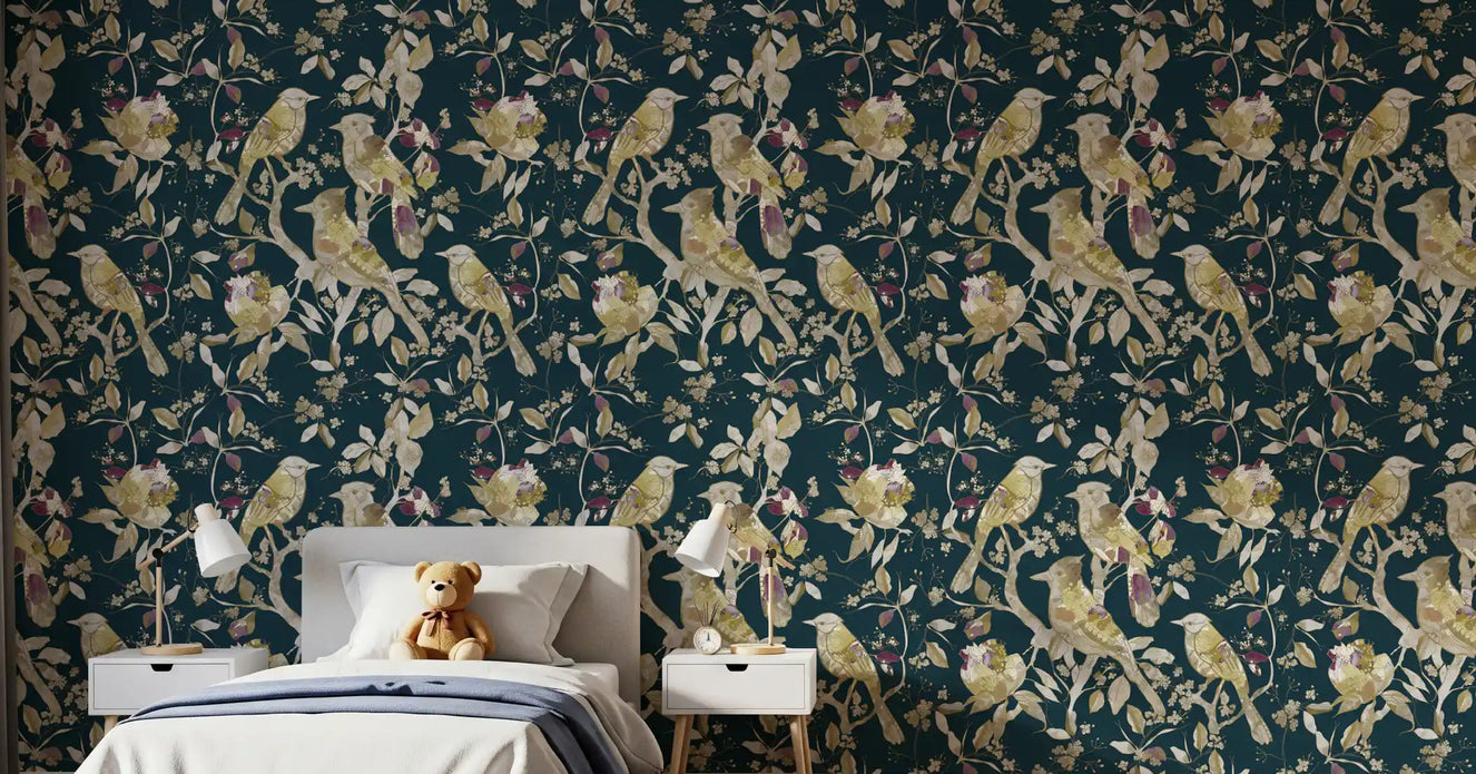 Bedroom styled in garden bird wallpaper with layered leaves and stems