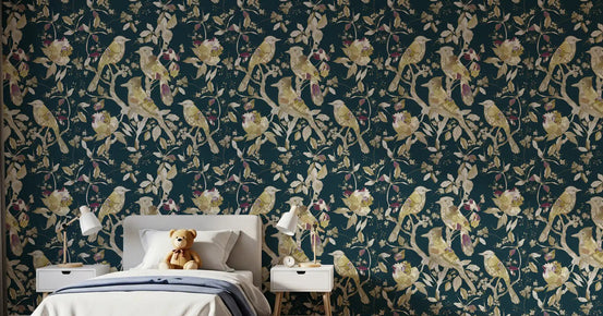 Bedroom styled in garden bird wallpaper with layered leaves and stems