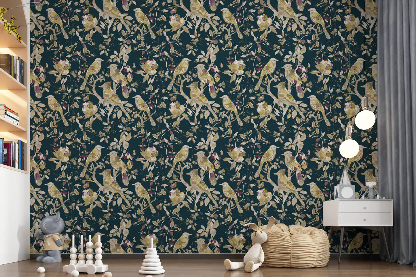 Play area featuring teal garden birds wallpaper with pale floral branches
