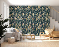 Teal floral bird wallpaper with cream blossoms and muted plum accents