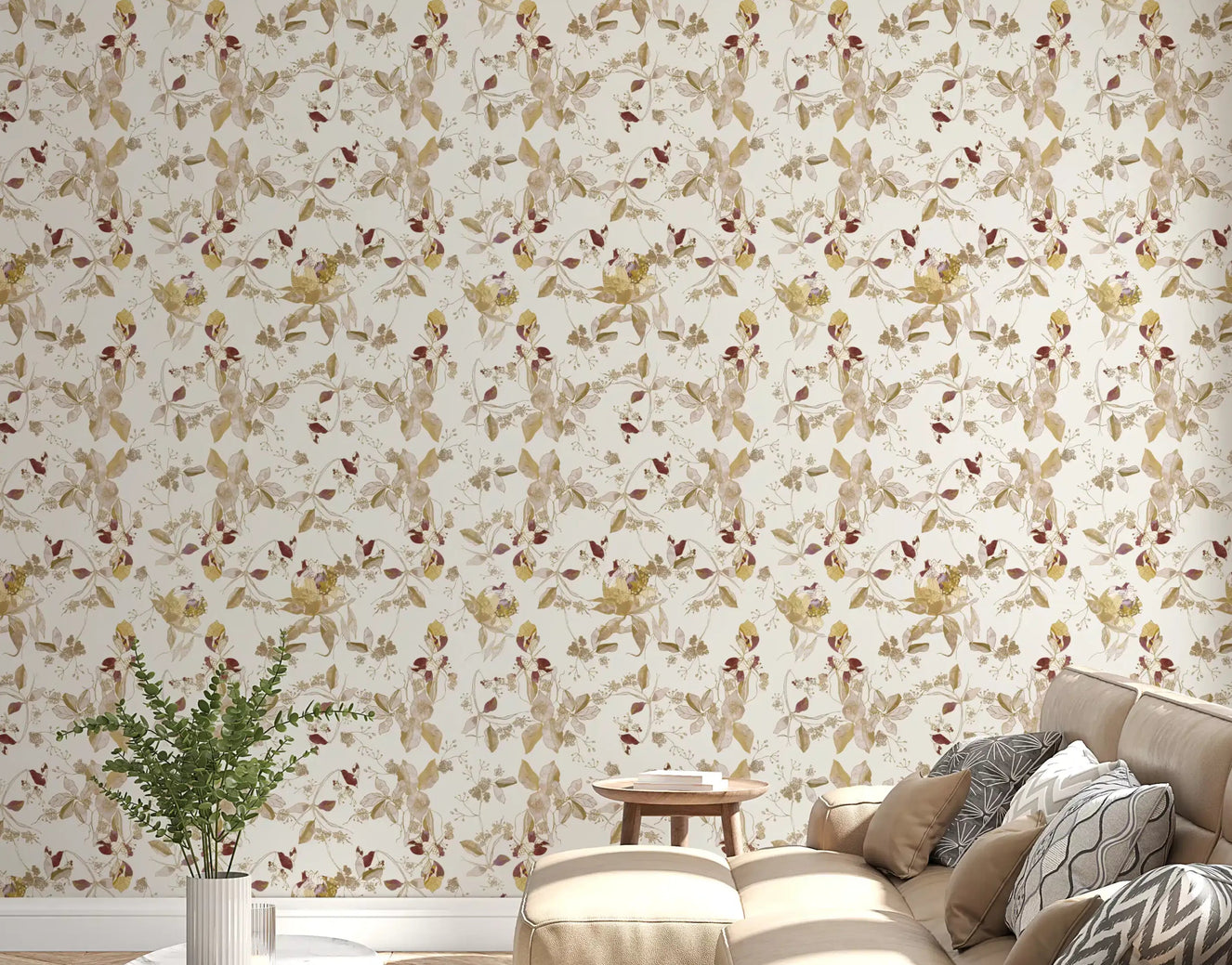 A pale ground supports floral trail wallpaper with delicate branch artwork
