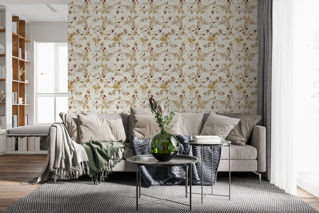 Living room with Navy Heritage Floral Trail Wallpaper and pale cream blooms