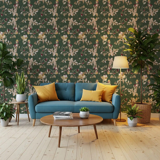 Hallway with Antique Cream Botanical Wallpaper and layered floral stems