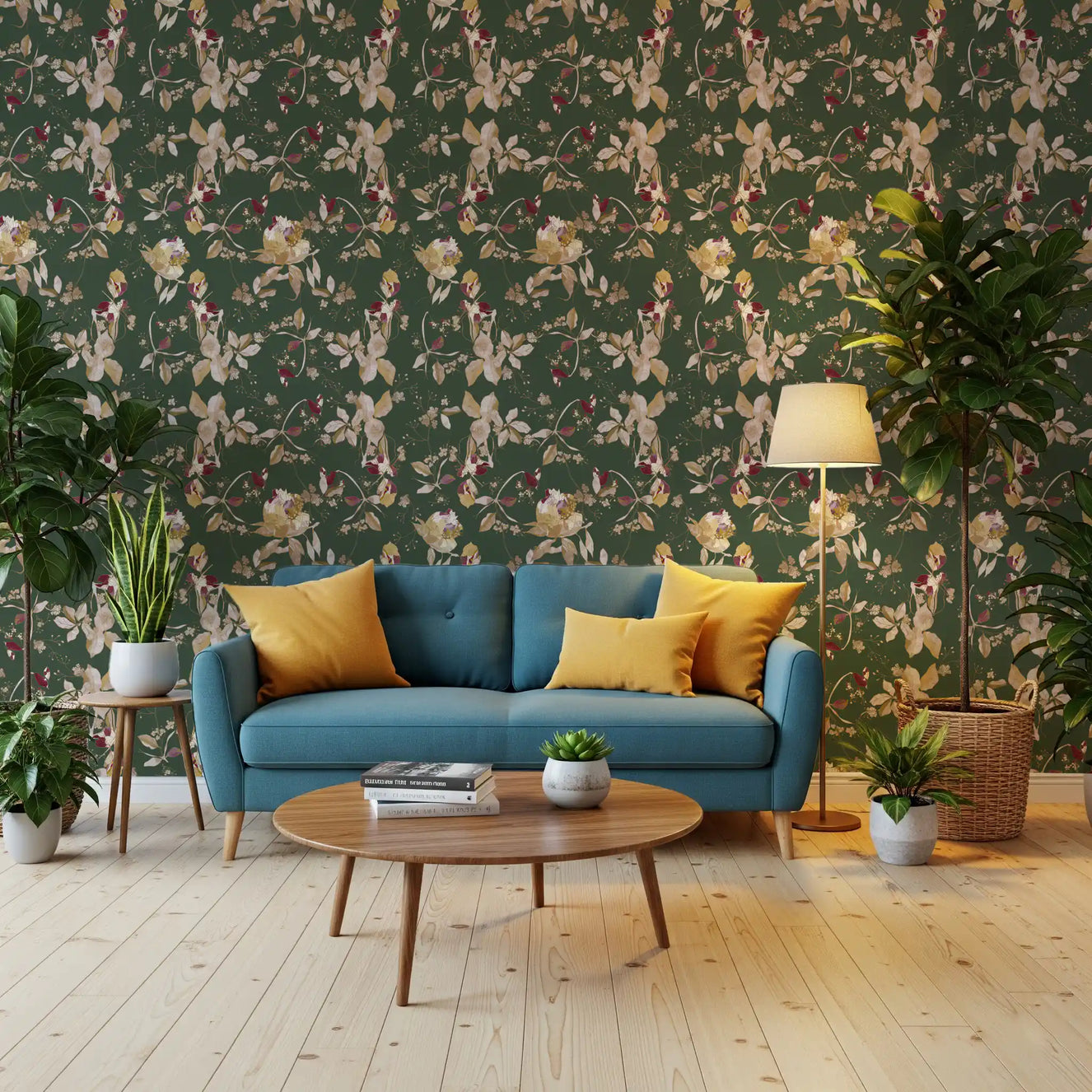 Hallway with Antique Cream Botanical Wallpaper and layered floral stems