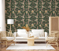 Living room styled in cream botanical wallpaper with a muted green base