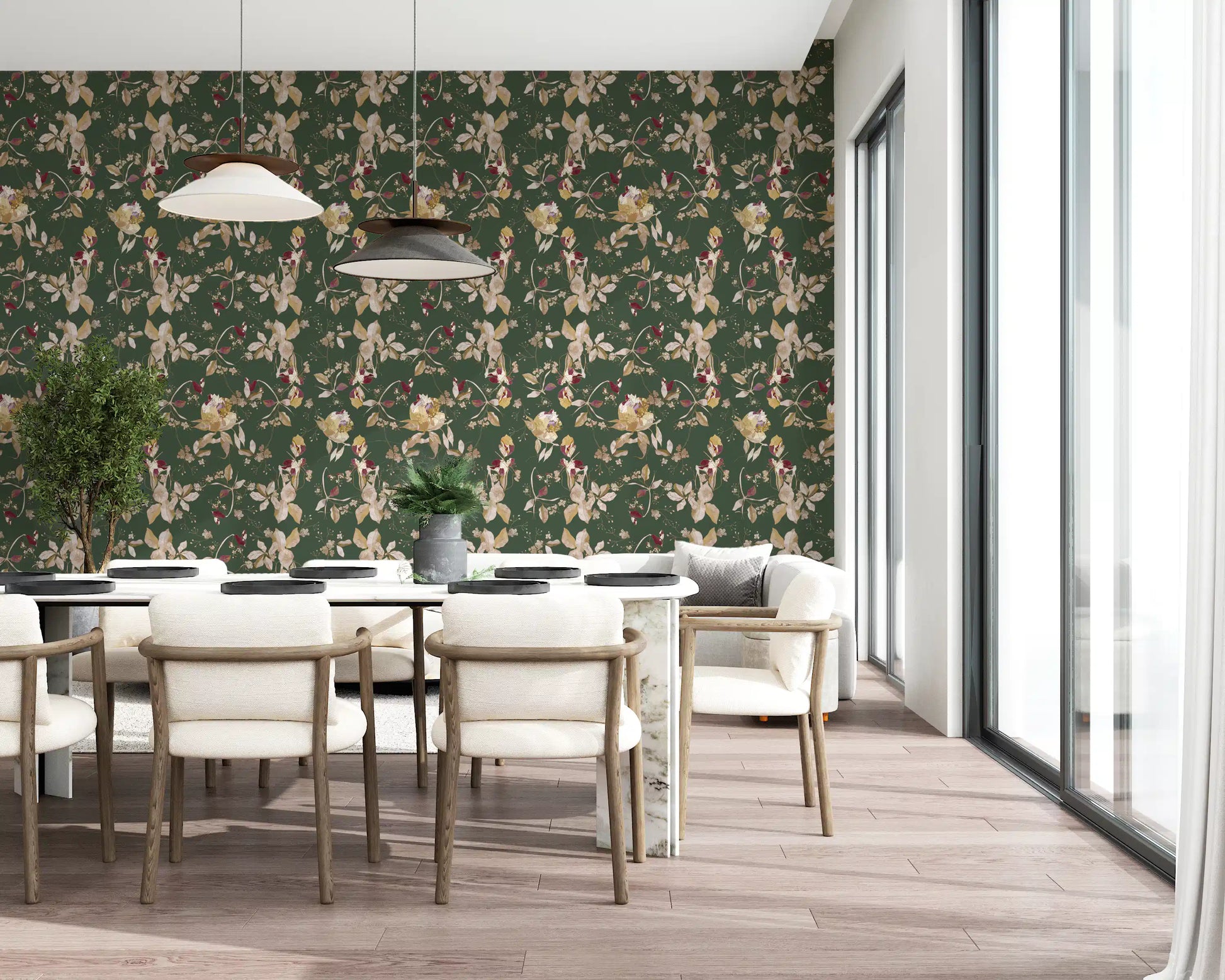 Dining room using botanical wallpaper with cream flowers and fine stems
