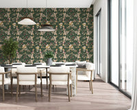 Dining room using botanical wallpaper with cream flowers and fine stems