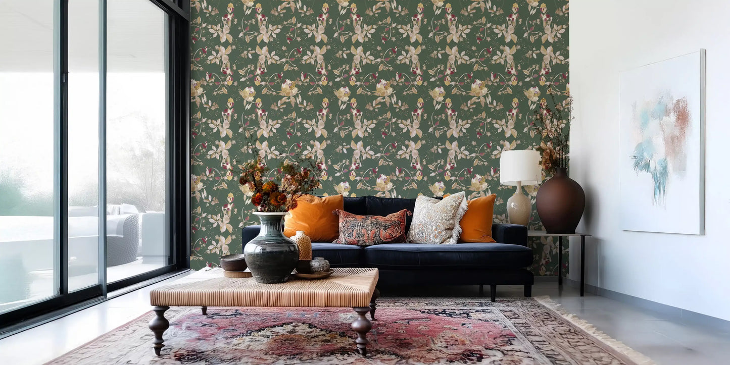 Home wall with Antique Cream Botanical Wallpaper in soft natural tones