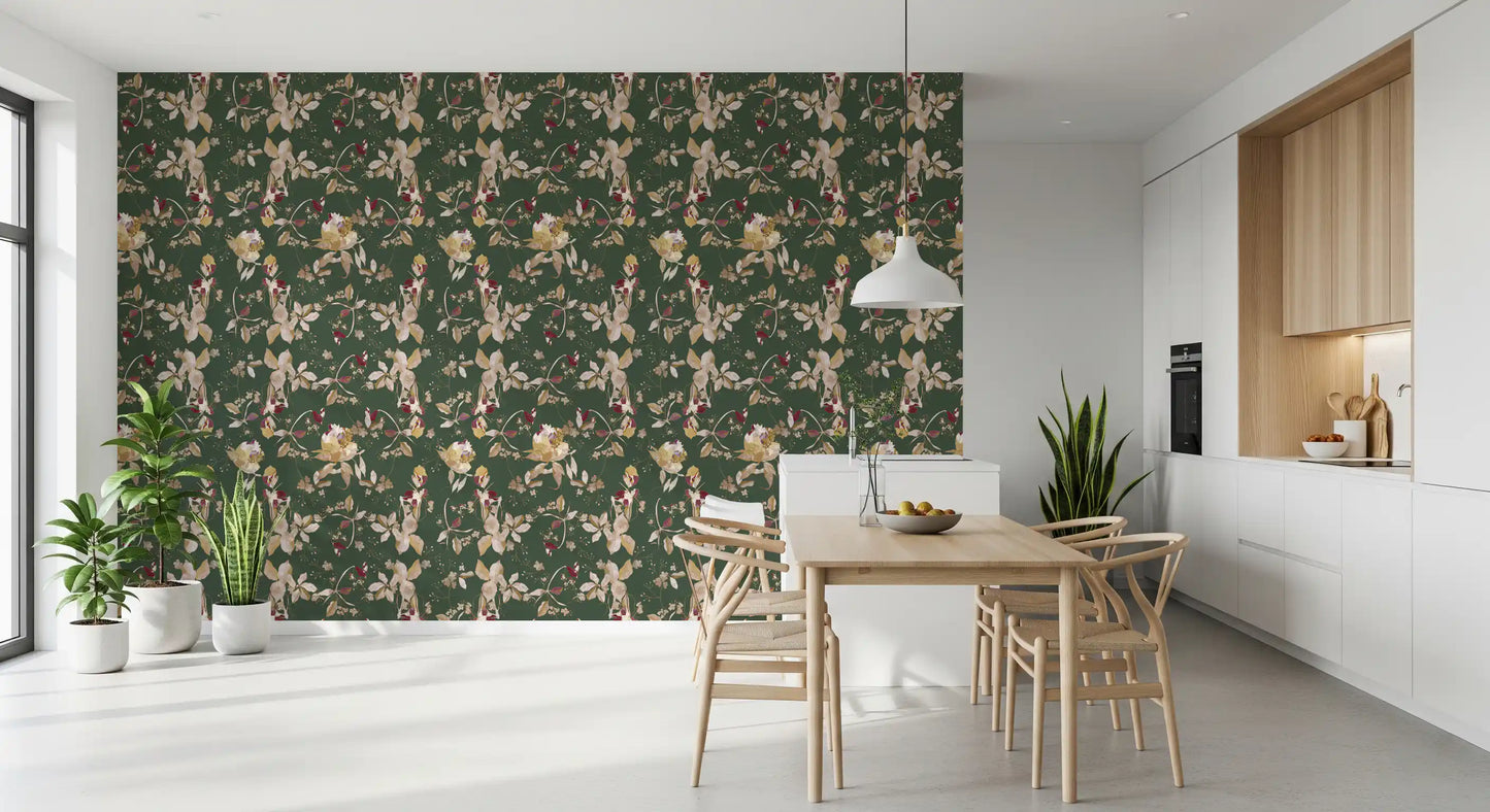 Soft floral movement shapes this botanical wallpaper with calm contrast