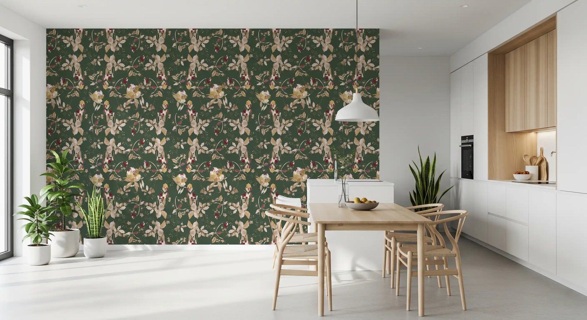 Soft floral movement shapes this botanical wallpaper with calm contrast