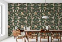 Cream botanical wallpaper with flowing stems on a muted green background