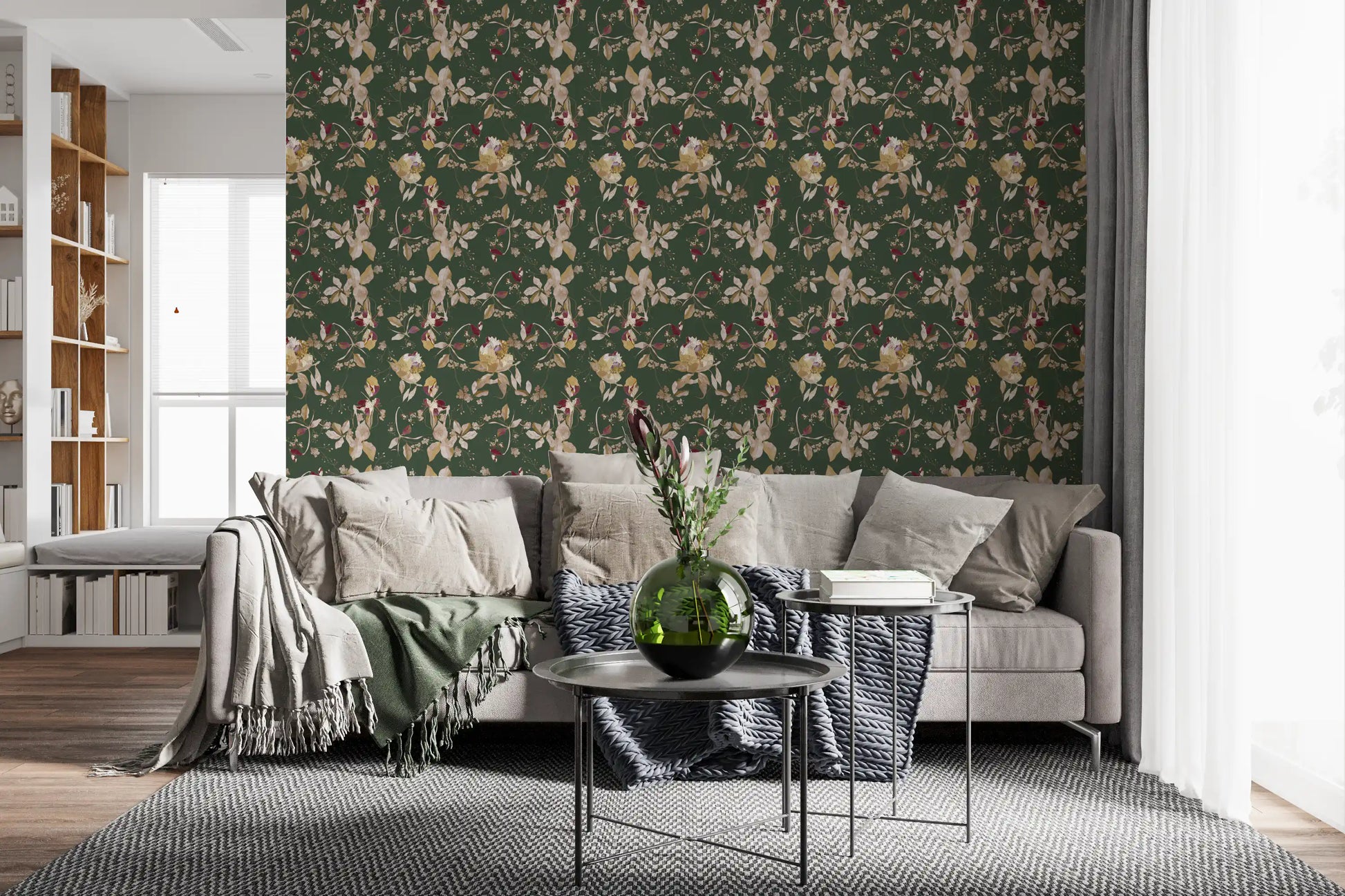 Green botanical wallpaper with cream blossoms and delicate branch lines