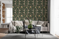 Green botanical wallpaper with cream blossoms and delicate branch lines