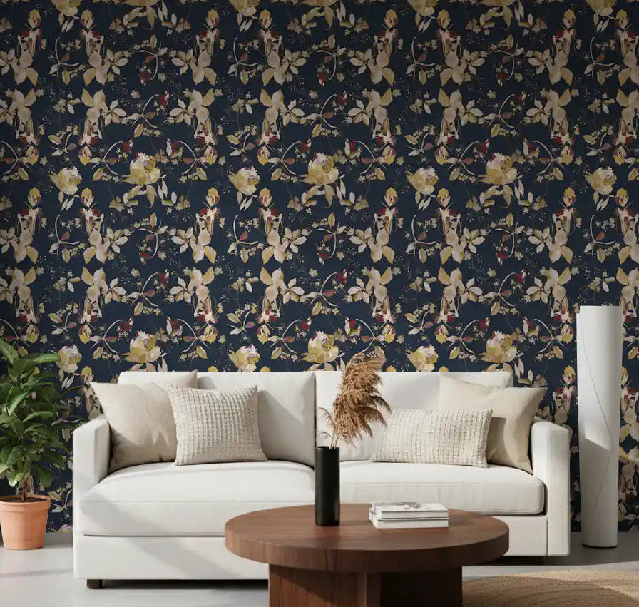 Home office with Forest Green Floral Trail Wallpaper and soft cream blossoms
