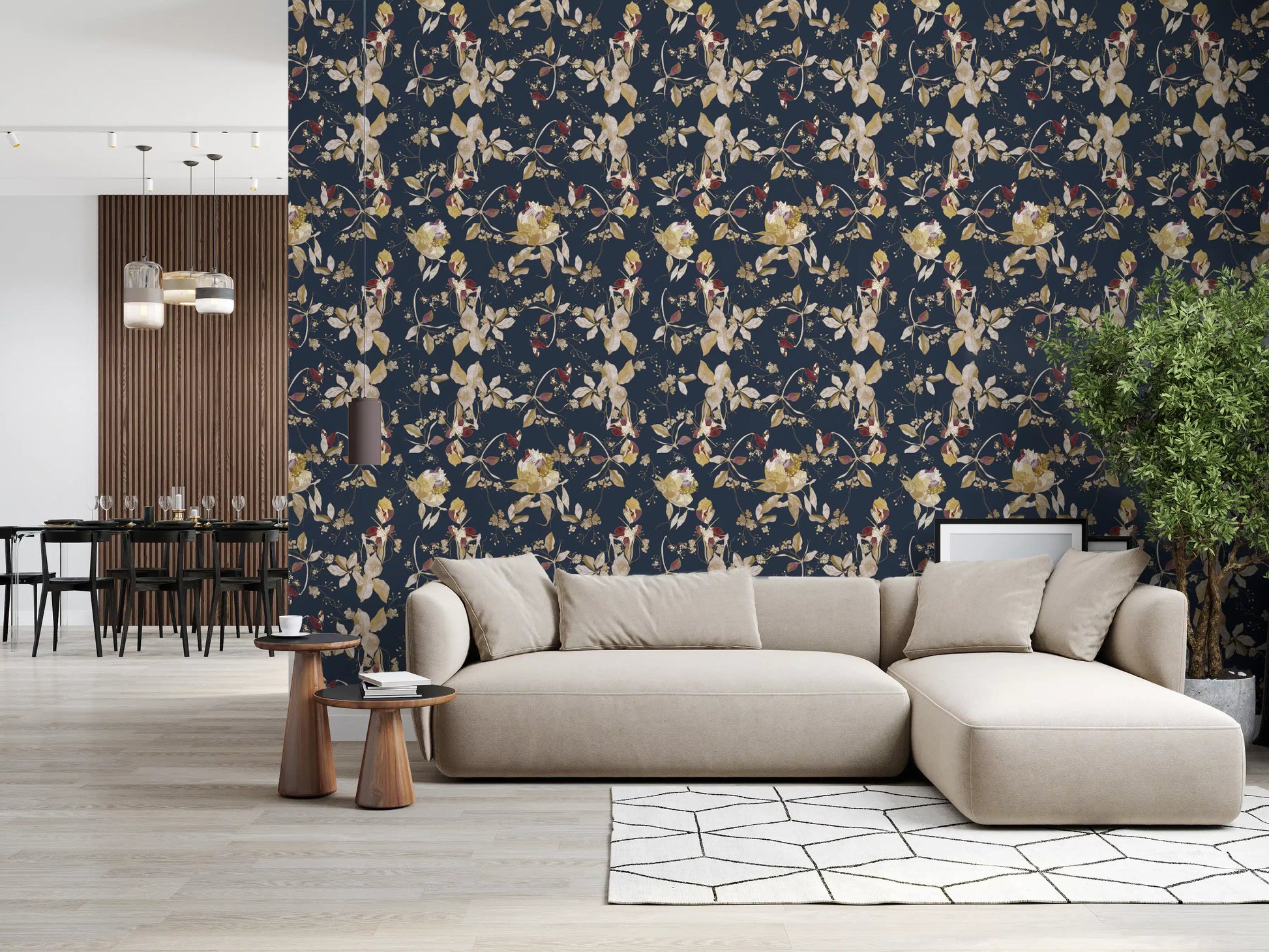 Living room using floral trail wallpaper on a deep green background