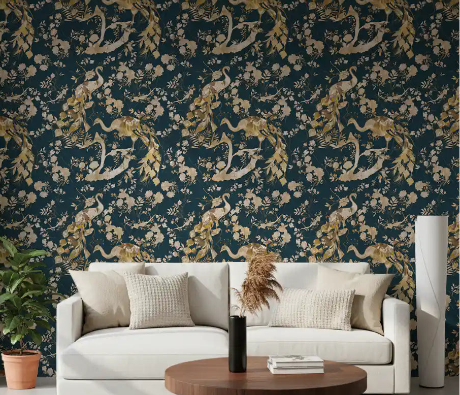 Living room with Dark Navy Bird Wallpaper and delicate cream floral detail