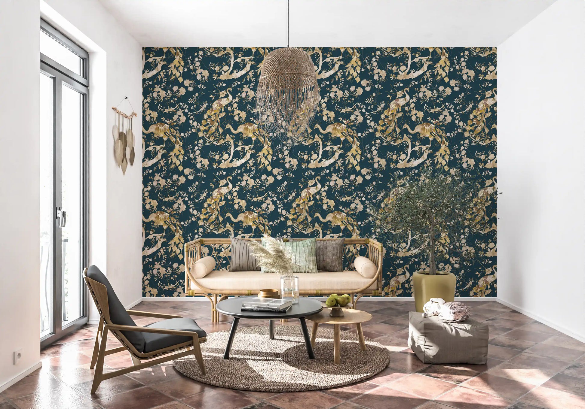 Home featuring Dark Navy Bird Wallpaper in an elegant floral pattern
