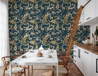 Soft cream detailing brightens this Dark Navy Bird Wallpaper pattern