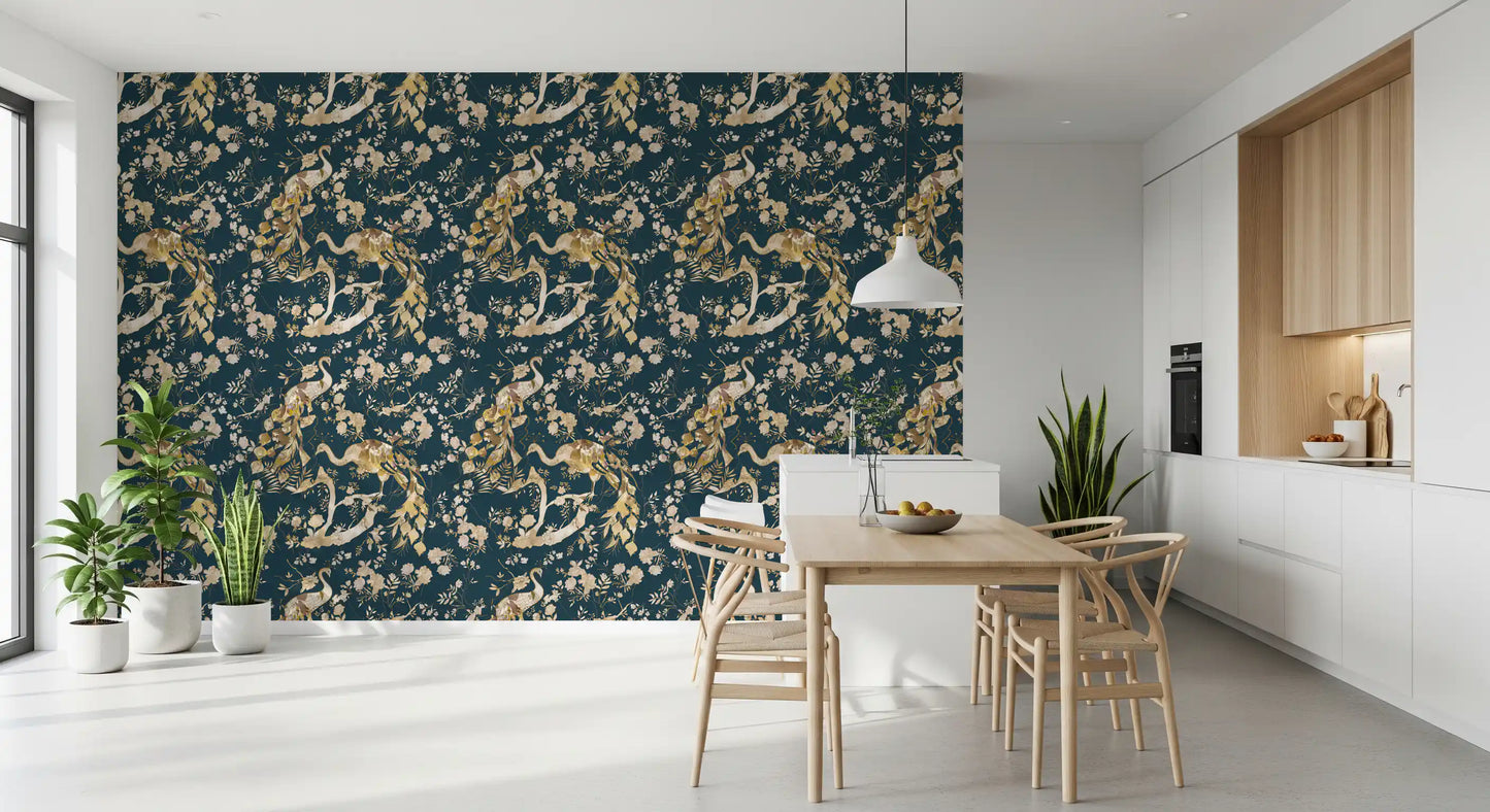 Dining room using navy bird wallpaper with fine blossom branch artwork