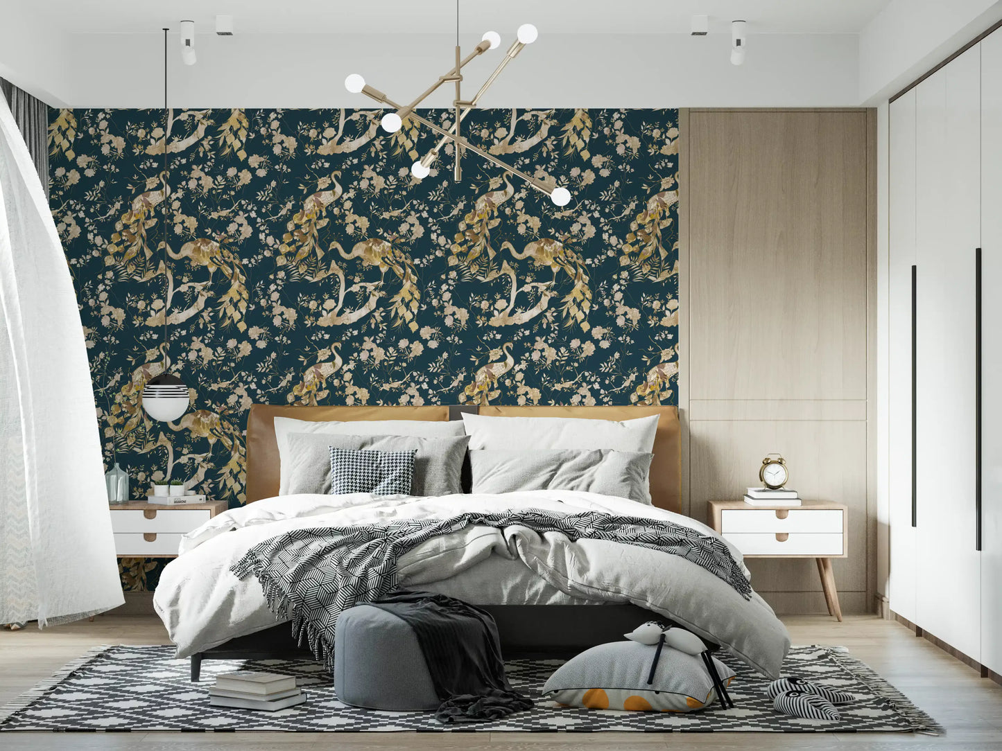 Graceful birds and floral sprigs shape this dark navy wallpaper design