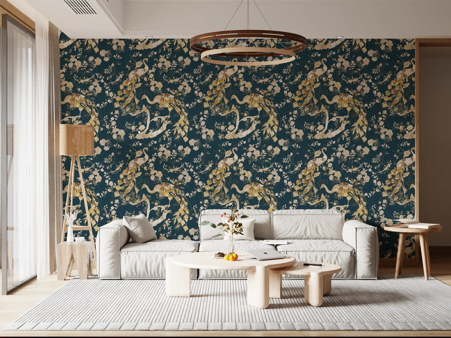 A rich navy base defines this bird wallpaper with scattered cream blossoms