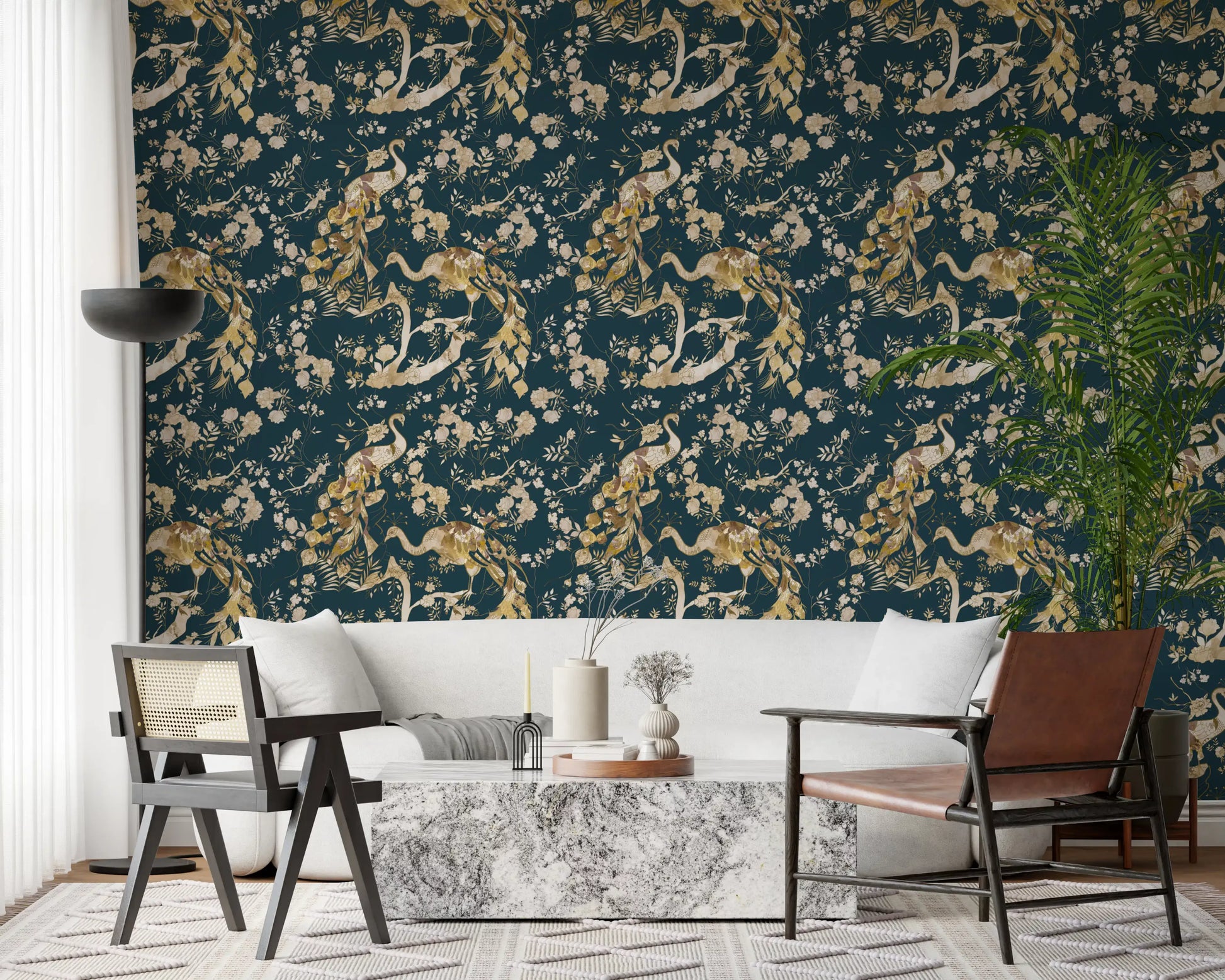 Navy floral bird wallpaper with flowing branches and refined linework