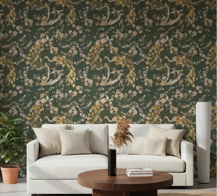 Home office with Olive Green Peacock Wallpaper and vintage floral detailing