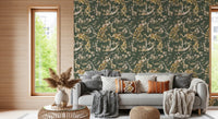 Hallway featuring Olive Green Vintage Wallpaper with peacock motifs