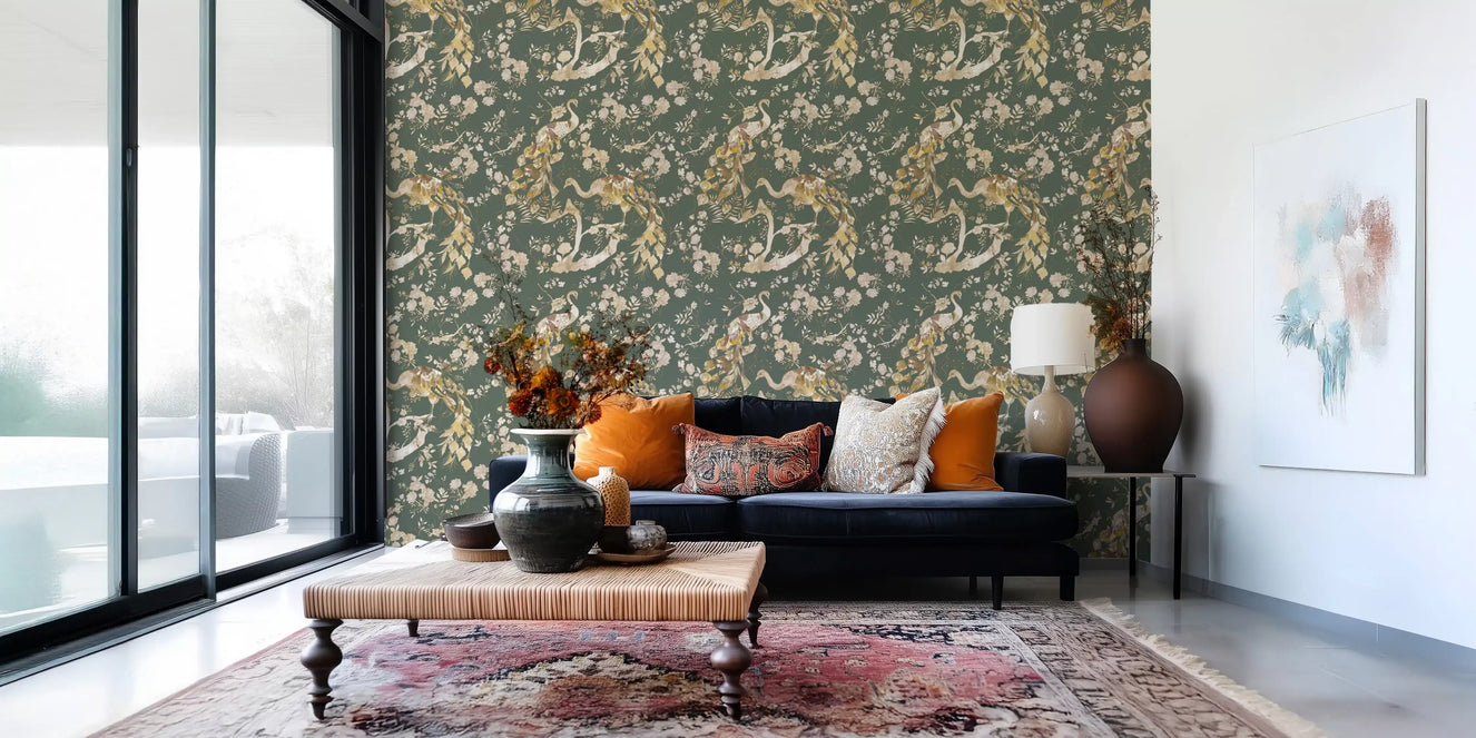 Hallway styled in Vintage Peacock Wallpaper with olive botanical artwork