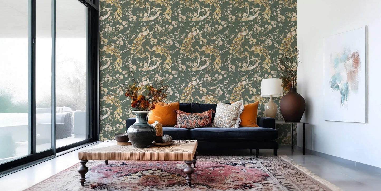 Hallway styled in Vintage Peacock Wallpaper with olive botanical artwork
