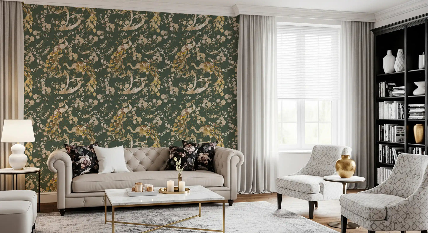 Living room shows Olive Peacock Wallpaper with classic bird pattern