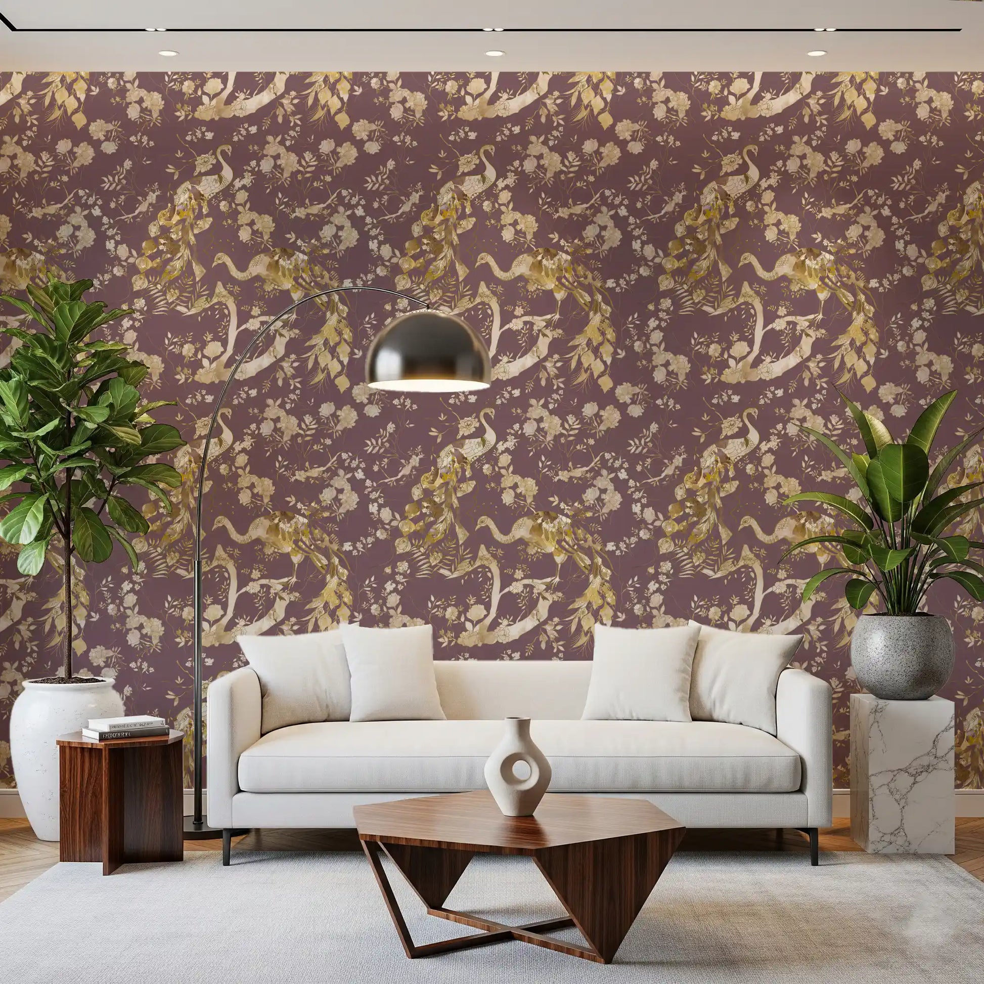 Cream florals soften this Heritage Plum Wallpaper with vintage bird motifs