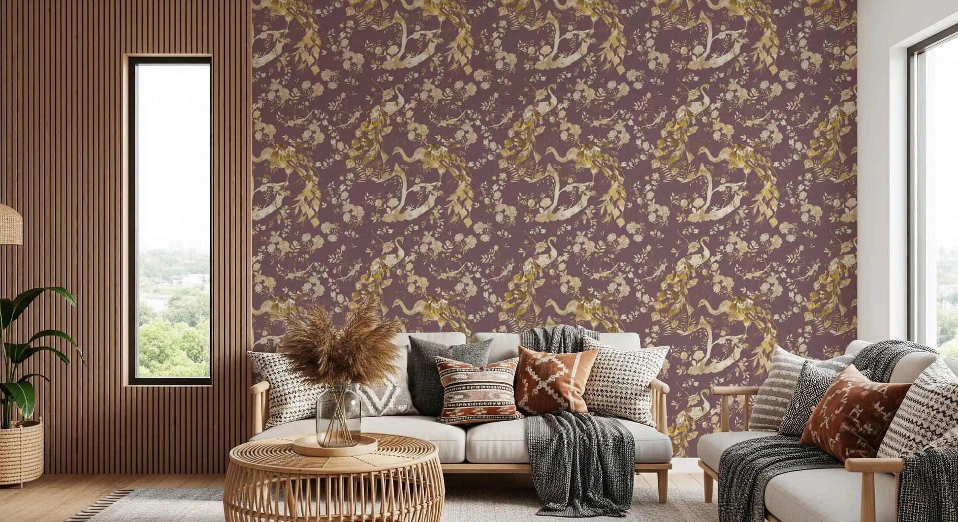 Bird blossom wallpaper in dusky plum shades with gold botanical accents