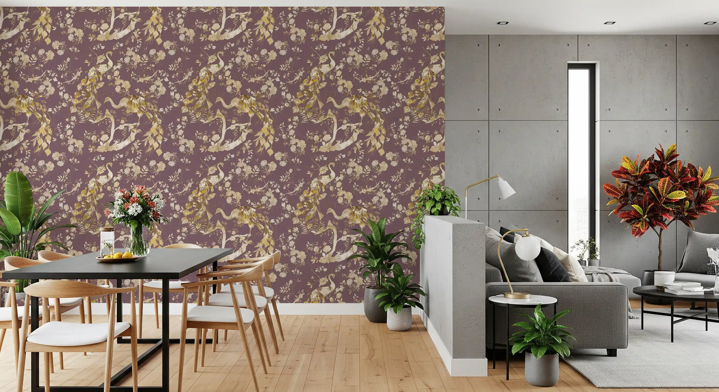 Dining room shows Bird Floral Wallpaper in plum, cream, and gold tones