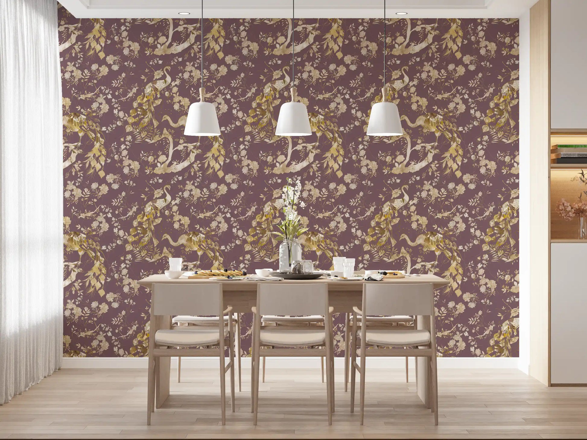 Plum botanical wallpaper with illustrated birds, blossoms, and fine linework