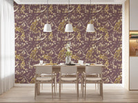 Plum botanical wallpaper with illustrated birds, blossoms, and fine linework