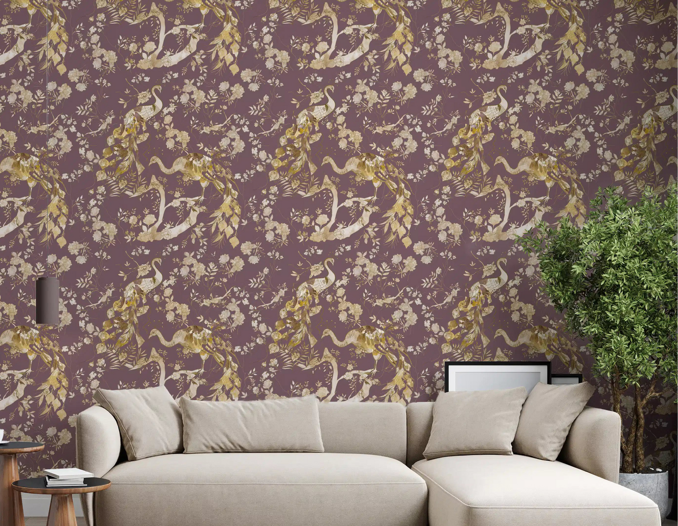 Living room styled with Heritage Plum Wallpaper and soft bird floral artwork