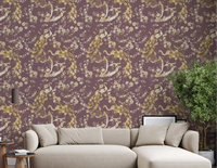 Living room styled with Heritage Plum Wallpaper and soft bird floral artwork