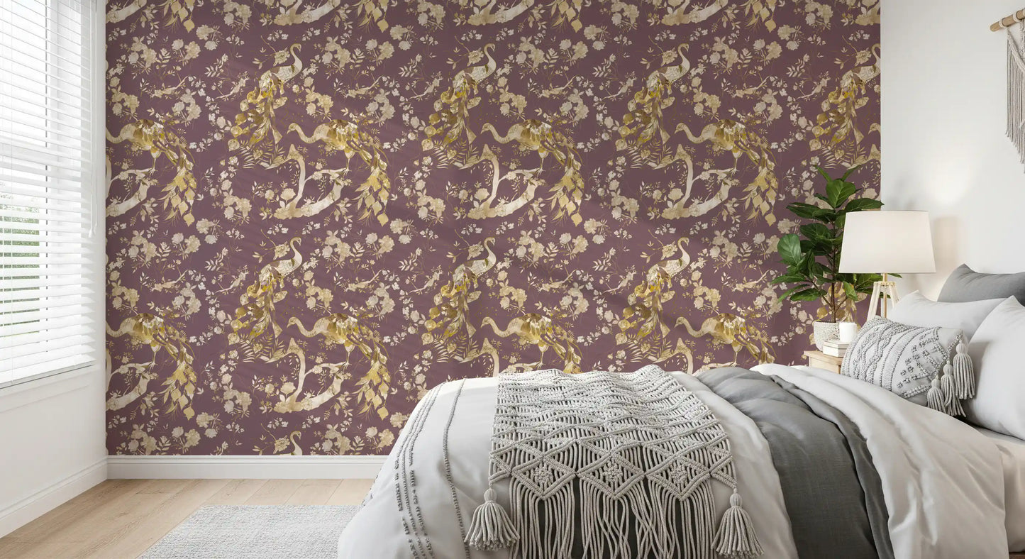 Heritage floral wallpaper showing birds, leafy trails, and cream blossoms