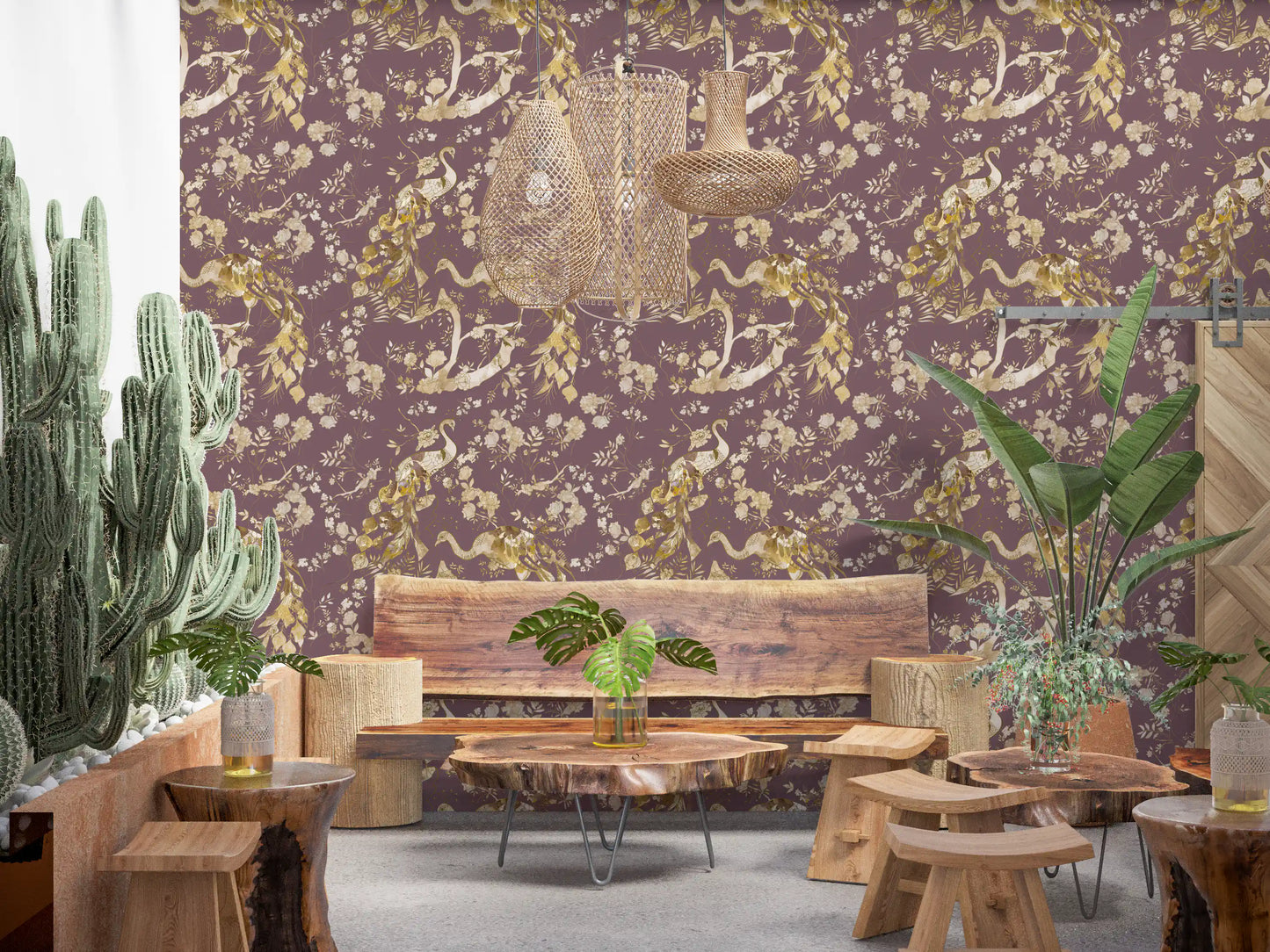 A muted plum base carries floral bird wallpaper with antique-style detailing