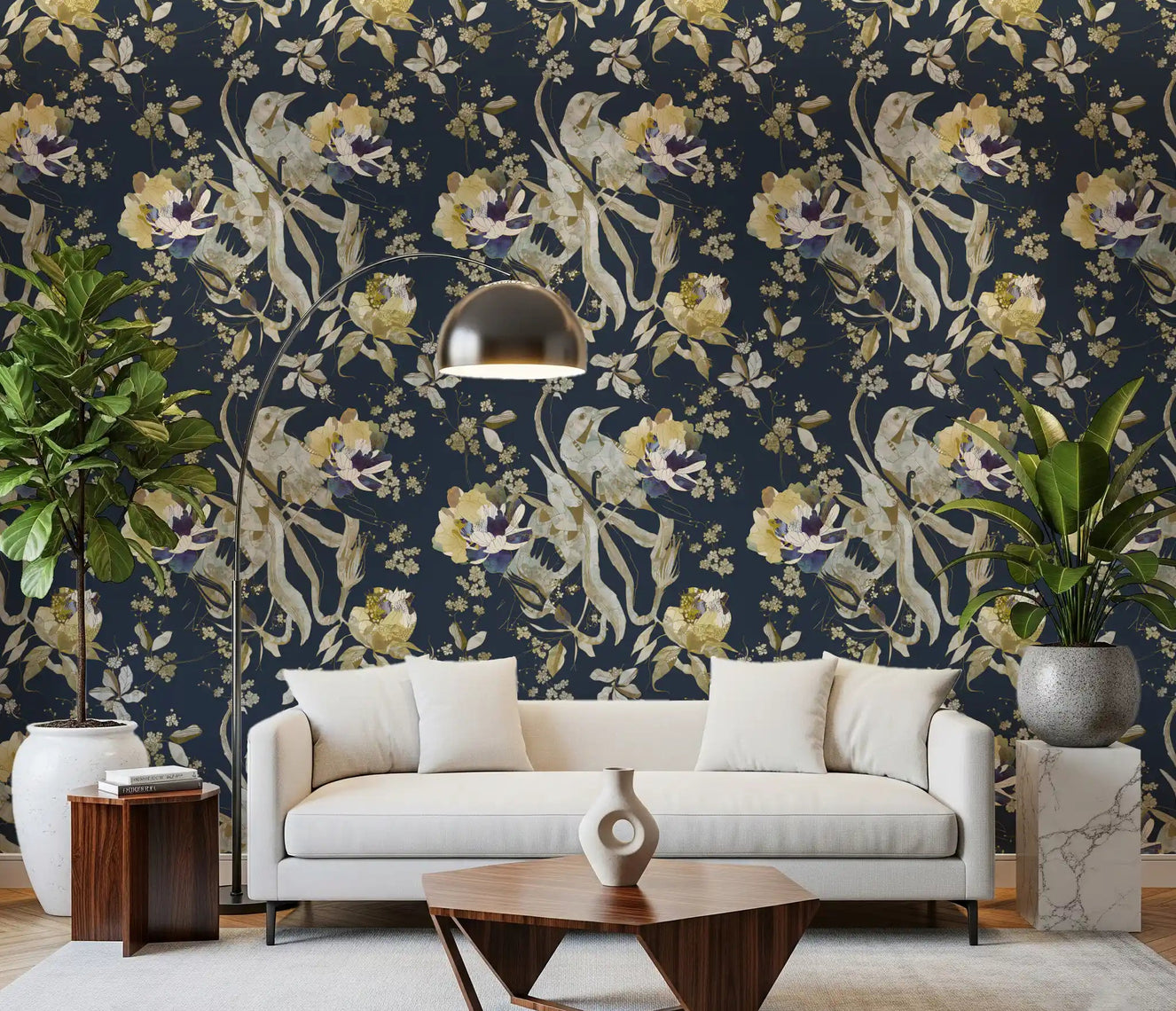 Home office with Antique Cream Bird Wallpaper and soft blossom detailing