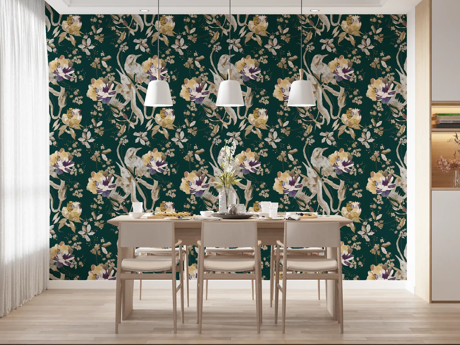 Dining room showing Bird Floral Wallpaper on a rich navy background