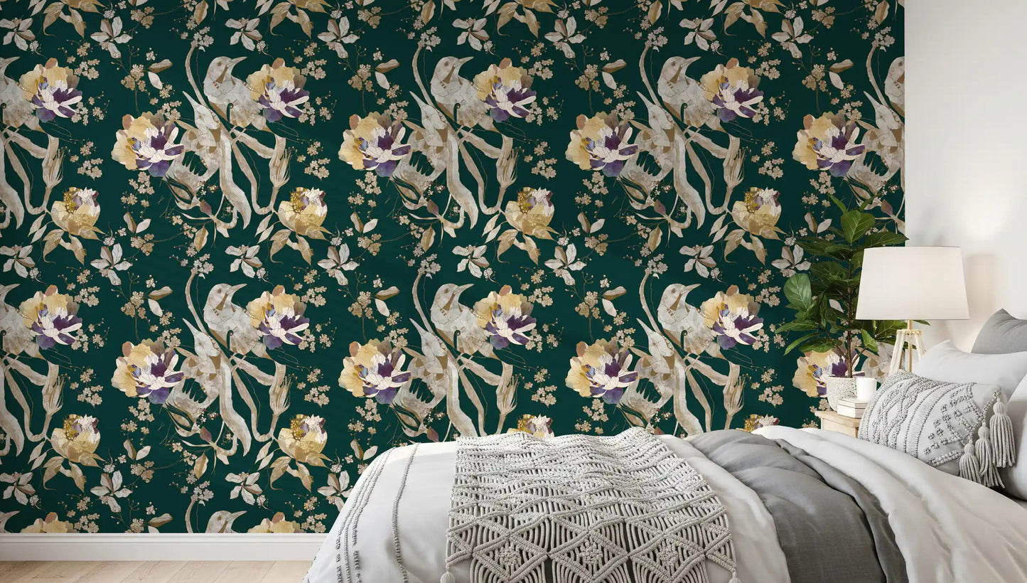 Bedroom featuring Navy Bird Wallpaper with layered blossom artwork