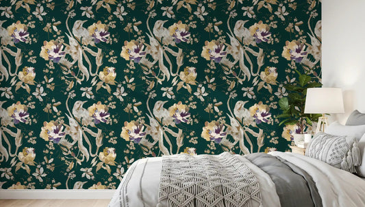 Bedroom featuring Navy Bird Wallpaper with layered blossom artwork