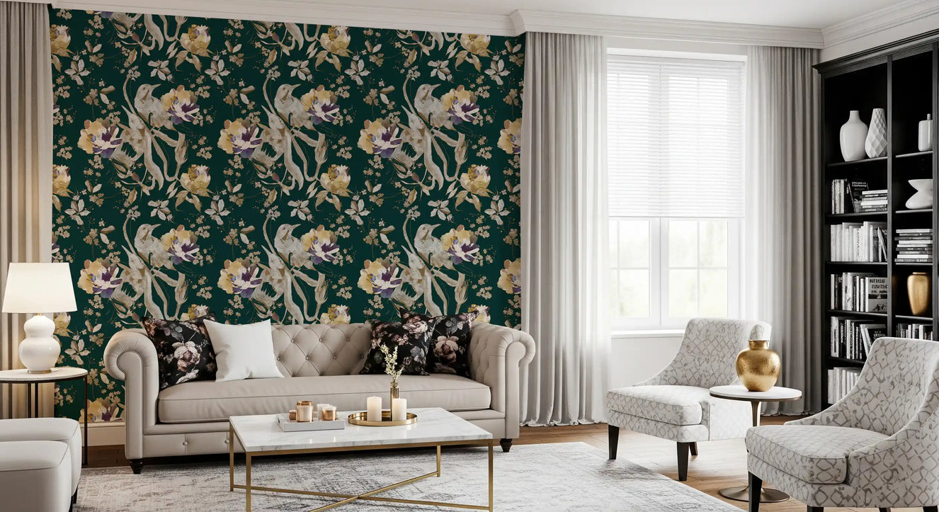 Living room with Navy Floral Bird Wallpaper in a dark botanical pattern