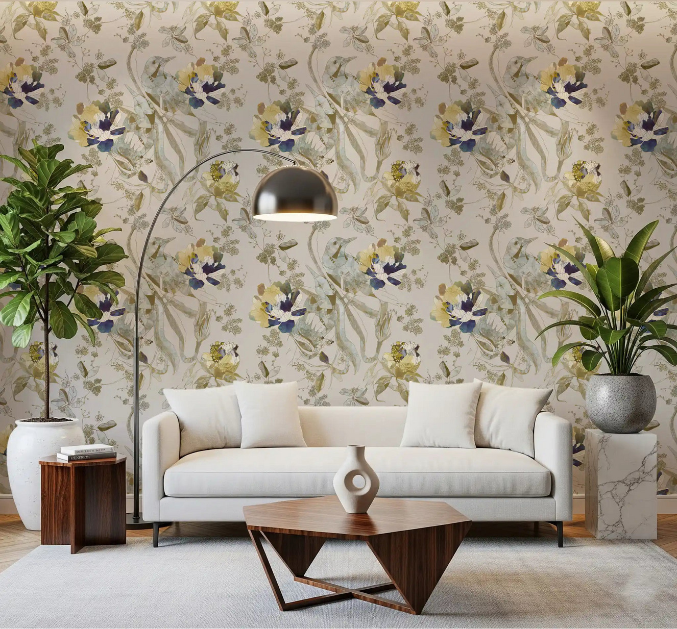 Bird and floral wallpaper brings vintage botanical calm to the living room