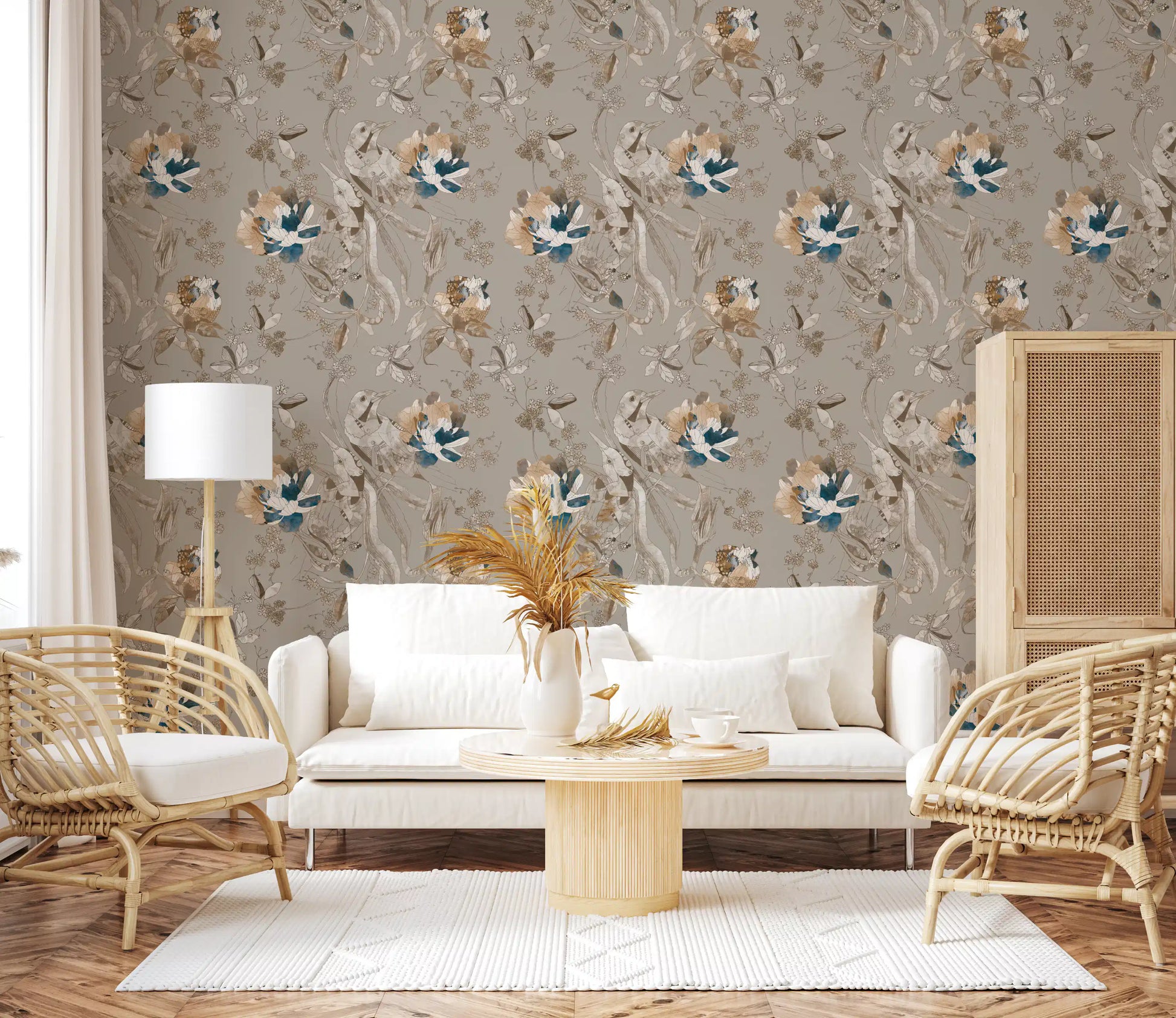 Living room area finished in soft taupe wallpaper with peony sketch motifs